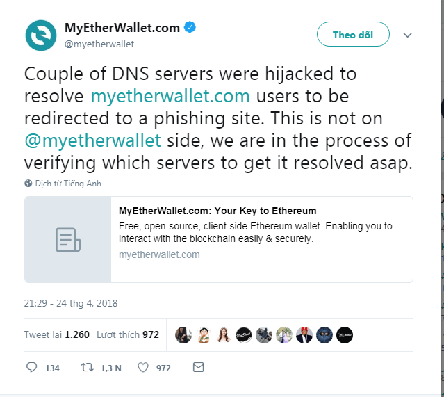 MyEtherWallet đang bị hacker tấn công DNS - 2