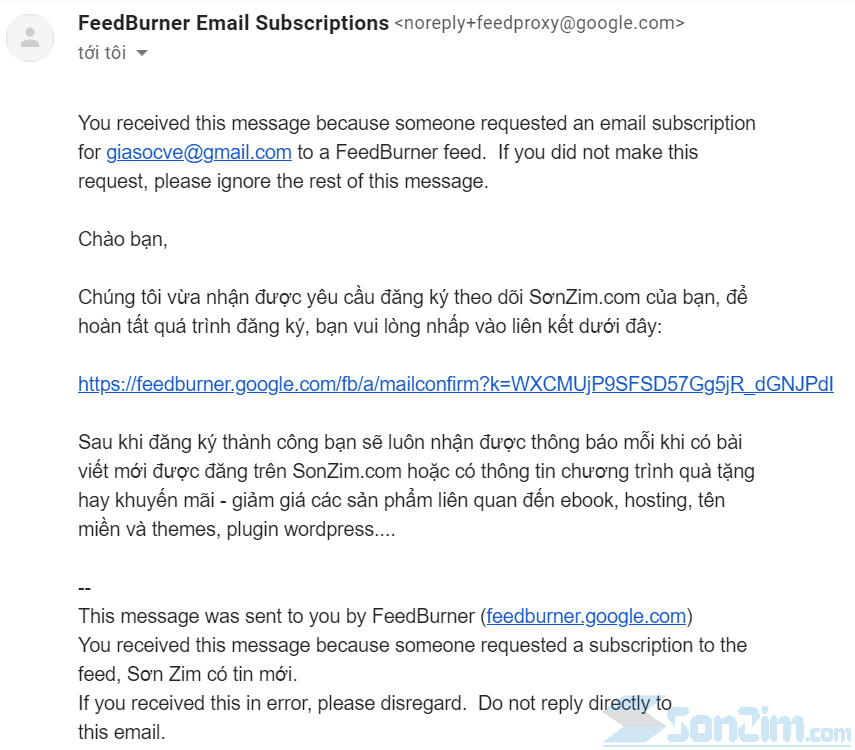 Mẫu email kích hoạt FeedBurner
